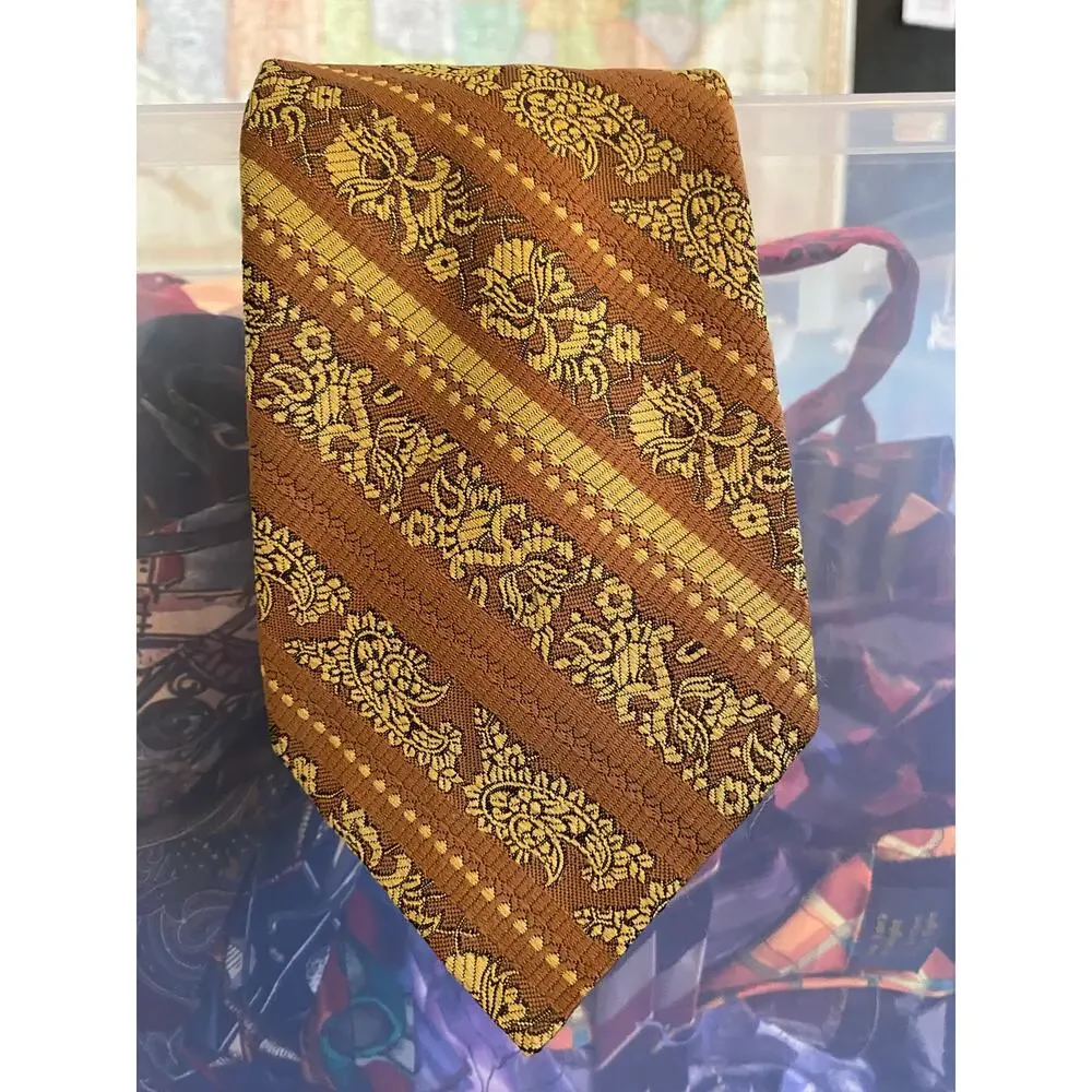 Andhurst‎ Vintage Brown Gold Paisley Stripe Necktie Mens Retro Tie